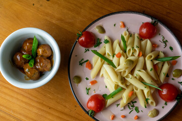 delicious pastry, served with meatballs on wooden table, top view photo with space for text.