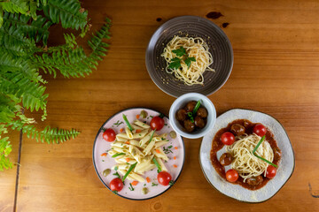 delicious pastry, served with meatballs on wooden table, top view photo with space for text.