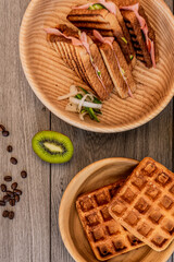Healthy breakfast, sandwich, tea, waffle and fresh fruit