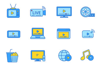 Set of streaming icons in linear color style isolated on white background