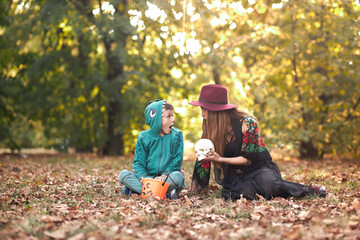 Scary stories for a mom and son, halloween in the woods, autumn leaves