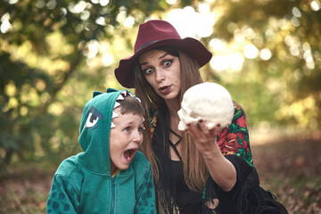 Scary stories for a mom and son, halloween in the woods, autumn leaves