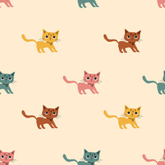 Cartoon flat colorfull funny cute seamless pattern with a cats .For printing baby textile, fabrics, design, decor, gift wrapping, paper, baby shower, greeting card,notepad, scrapbooking .