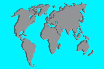 World map. Grey silhouette. Turquoise background. Geographic atlas. Realistic style. Vector illustration. Stock image. 