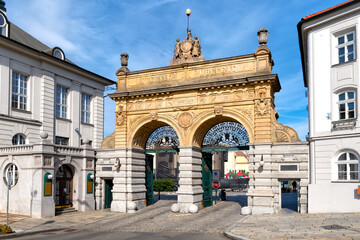 Fototapeta na wymiar The famous Brewery Jubilee Gate is the entry point to the area of the world-renown Pilsner Urqell Brewery.