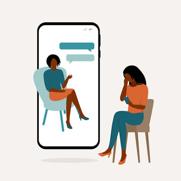 Depressed Black Woman Talking With A Counselor Or Therapist With Her Mobile Phone. Online Psychotherapy, Counselling And Mental Health Support Services.