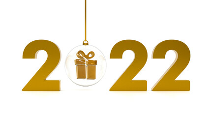 Obraz na płótnie Canvas Christmas and New year illustration template.Golden 2022 number with glass bauble and gift box icon in it. 3d render background on white background.