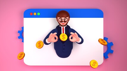 Website monetization concept.A man crawls out of a web page and shows ok sign with his hands. 3d render illustration