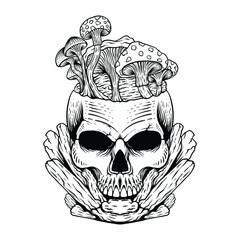 tattoo design skull with mushroom line art black and white