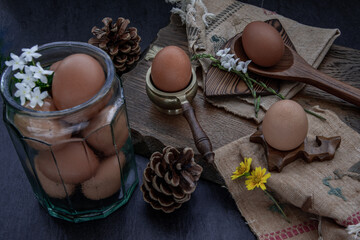 Obraz na płótnie Canvas Fresh farm eggs on beautiful wooden background, Nutrition concept, Selective focus, Oblique view from the top. Selective focus.