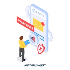 Concept of antivirus alert. Man with loupe stands in front of smartphone and with bugs and warning sign. Isometric vector illustration on white background.