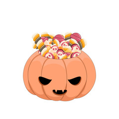 Wydrążona dynia na Halloween wypełniona słodyczami. Dyniowy lampion z cukierkami, słodkimi piankami i lizakami. Cukierek albo psikus! Ilustracja wektorowa.