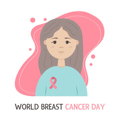 World Breast Cancer Day. The girl with the pink ribbon. Vector isolated illustration on a white background.