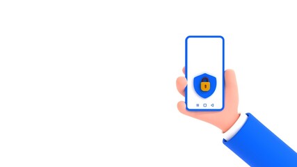 Smartphone security concept. Cartoon human hand holding mobile phone with shield and lock icons. 3d render illustration on white background.