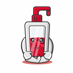 cute soap bottle mascot with sad expression isolated cartoon in flat style