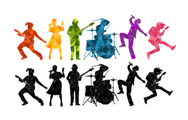 Silhouettes of musicians. Group of people with musical instruments illustration. Music rock'n'roll vector 