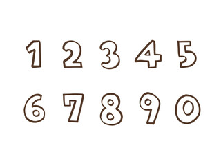 かわいい数字の1から0番の袋文字セット（ブラウン色）／手書きイラスト