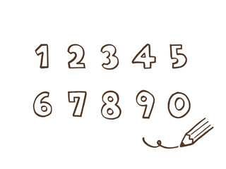 かわいい数字の1から0番の袋文字セットと鉛筆（ブラウン色）／手書きイラスト