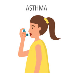 Girl kids using asthma inhaler against allergic attack in flat design on white background. - obrazy, fototapety, plakaty