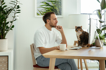 Confident man read business email on computer working from home office during coronavirus lockdown with cat sit on desk. Busy worker at workplace. Remote or freelance occupation on covid-19 quarantine
