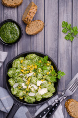 Gnocchi with corn and green sauce
