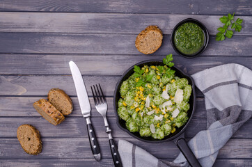 Gnocchi with corn and green sauce