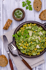 Gnocchi with corn and green sauce