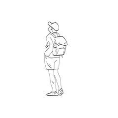 Back view of young male traveler wearing cap with backpack standing alone illustration vector isolated on white background line art