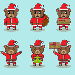 Cute Bear Santa Claus vector illustration. Vector illustration isolated on light blue background. Good for icon, label, sticker, clipart.