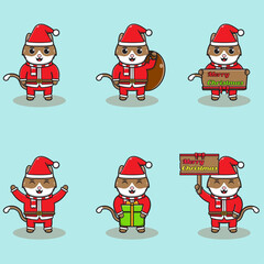 Vector illustration of cute Cat Santa mascot or character. Christmas design element. Vector illustration isolated on light blue background