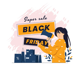 A girl feeling happy and pointing on Black friday concept illustration