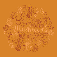 Hand drawn vector illustration of mushrooms. Isolated object on autumn mood color. Scribble doodle style flat design. Concept for children print. Woodland.