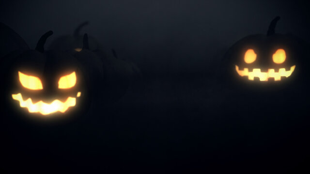 Halloween pumpkins burning lights at dark night background, 3d rendering.