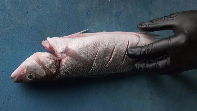 The chef cuts the fish on a blue board at slow speed