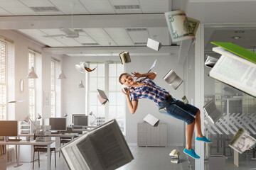 Woman wearing headphones jumping . Mixed media