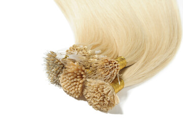 closeup of different kinds of straight blonde human hair extensions