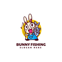 Vector Logo Illustration Bunny Fishing Mascot Cartoon Style.
