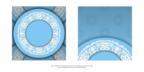 The postcard is blue with Indian white ornaments and is ready for printing.