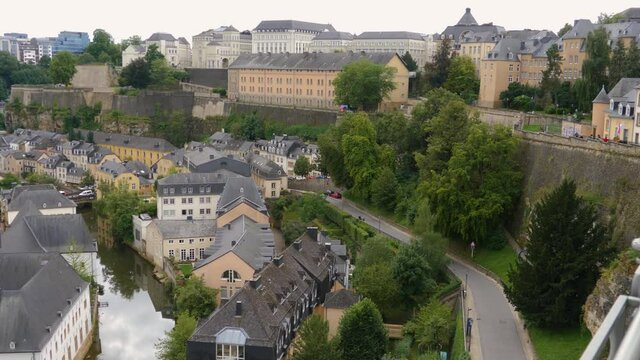 Pan across the old town grund, of Luxembourg on a sunny day in summer.