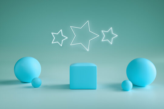 Square Puff And Spheres Around, In Blue Scene With Neon Stars, On Blue Background, 3d
