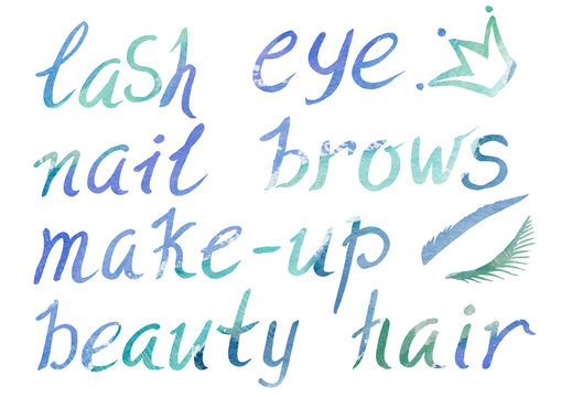Watercolor artistic multicolor Set of Makeup elements a beauty theme on a white background. Hand written cursive calligraphy Letters, crown symbol and eyelash. Watercolour turquoise, green, purple and