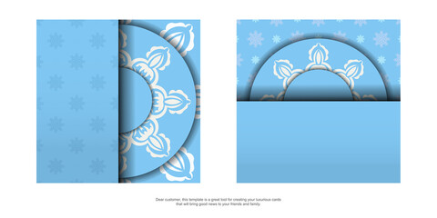 Brochure in blue with Greek white ornaments prepared for typography.
