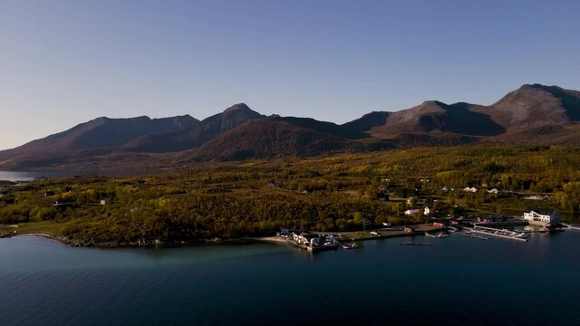 Picturesque View Of The Mountains And Coastal Island Of Senja In Norway - aerial shot