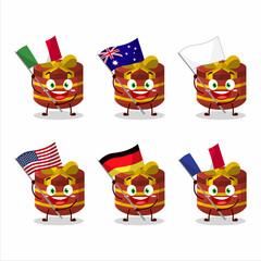 Red round gift cartoon character bring the flags of various countries