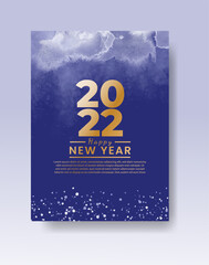 Happy new year 2022 poster or card template with watercolor wash splash 