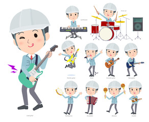 ロックンロールやポップミュージックを演奏する現場監督男性のセット