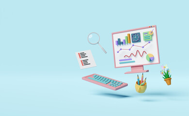 laptop computer with charts graph,analysis business financial data,magnifying glass,clipboard checklist isolated on blue background.Online marketing,business strategy concept,3d illustration,3d render