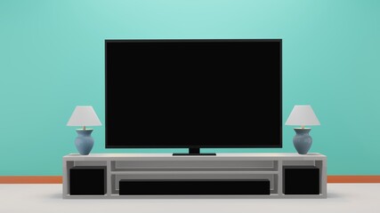 black screen tv for product advertisement placed on a cabinet in a modern living room with a table lamp on a blue  background, 3D rendering