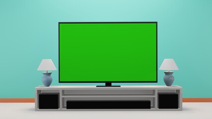 green screen tv for product advertisement placed on a cabinet in a modern living room with a table lamp on a blue  background, 3D rendering