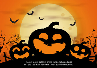 Closeup and silhouette Jack'o lantern devils with bats flying, example texts on the giant evening sun and orange background. Halloween greeting card in flat style and vector design.